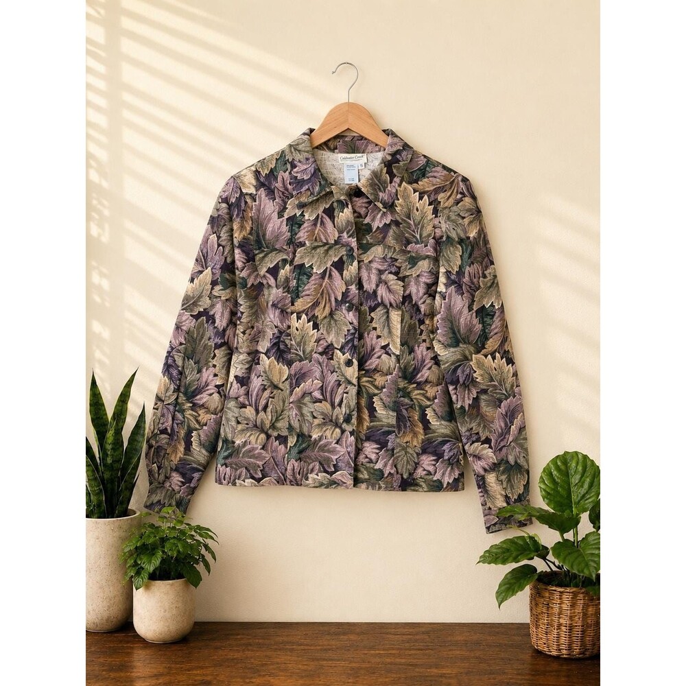 Vintage 90s Coldwater Creek Leaf Print Jacket Purple Green Cotton Shacket Small
